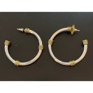 VINTAGE 1980s SILVER GOLD TWO TONE HOOP EARRINGS PIERCED TUBULAR LIGHTWEIGHT